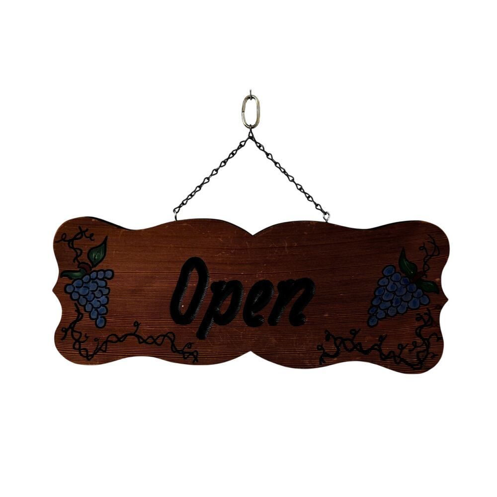 Vintage Wooden Open/Closed Sign | Grapes & Vines Decor | Double Sided Shop Sign